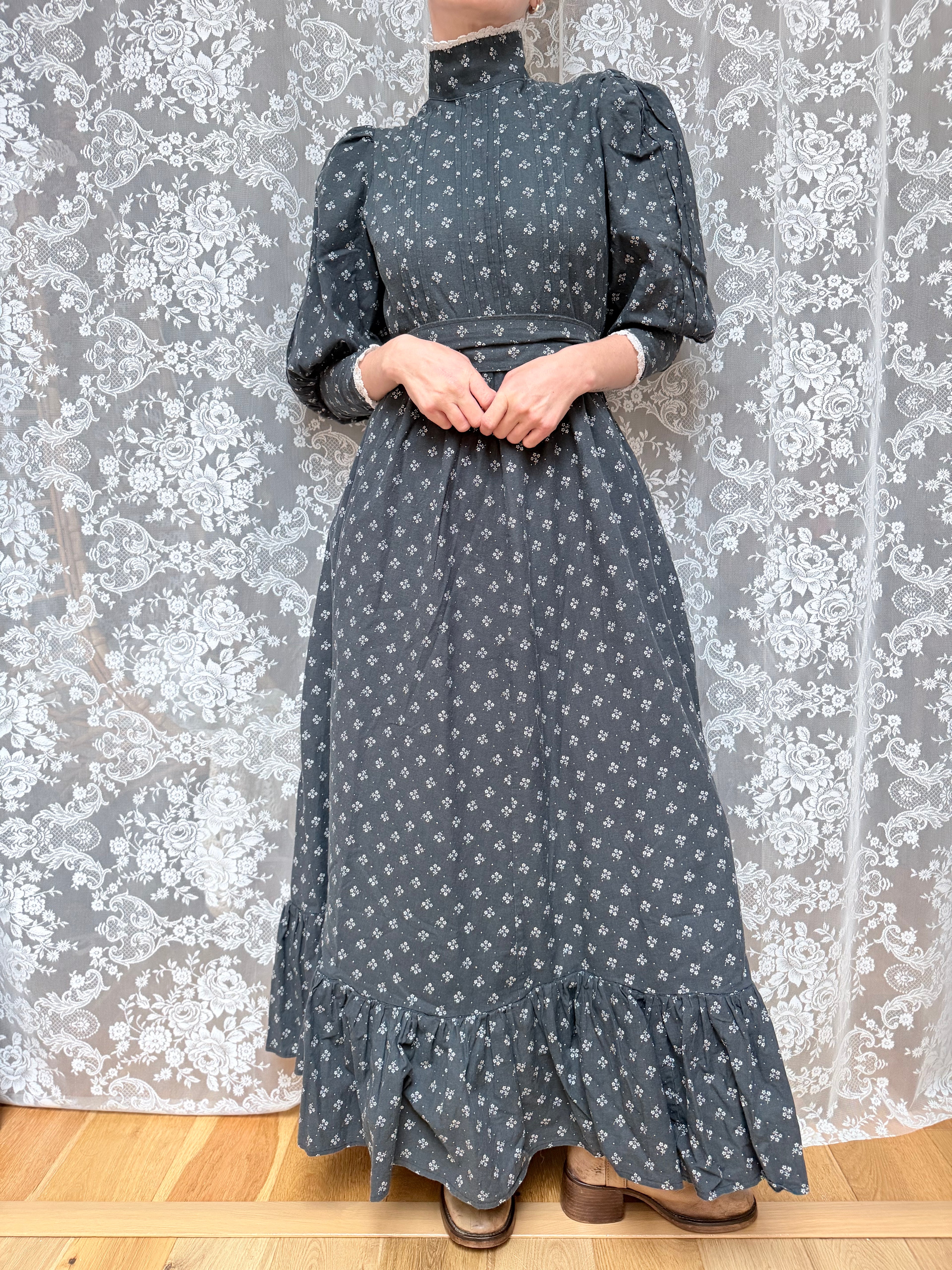 Vintage 1970s Laura Ashley Black Ditsy Floral Prairie Dress with White Lace