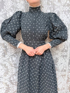 Vintage 1970s Laura Ashley Black Ditsy Floral Prairie Dress with White Lace