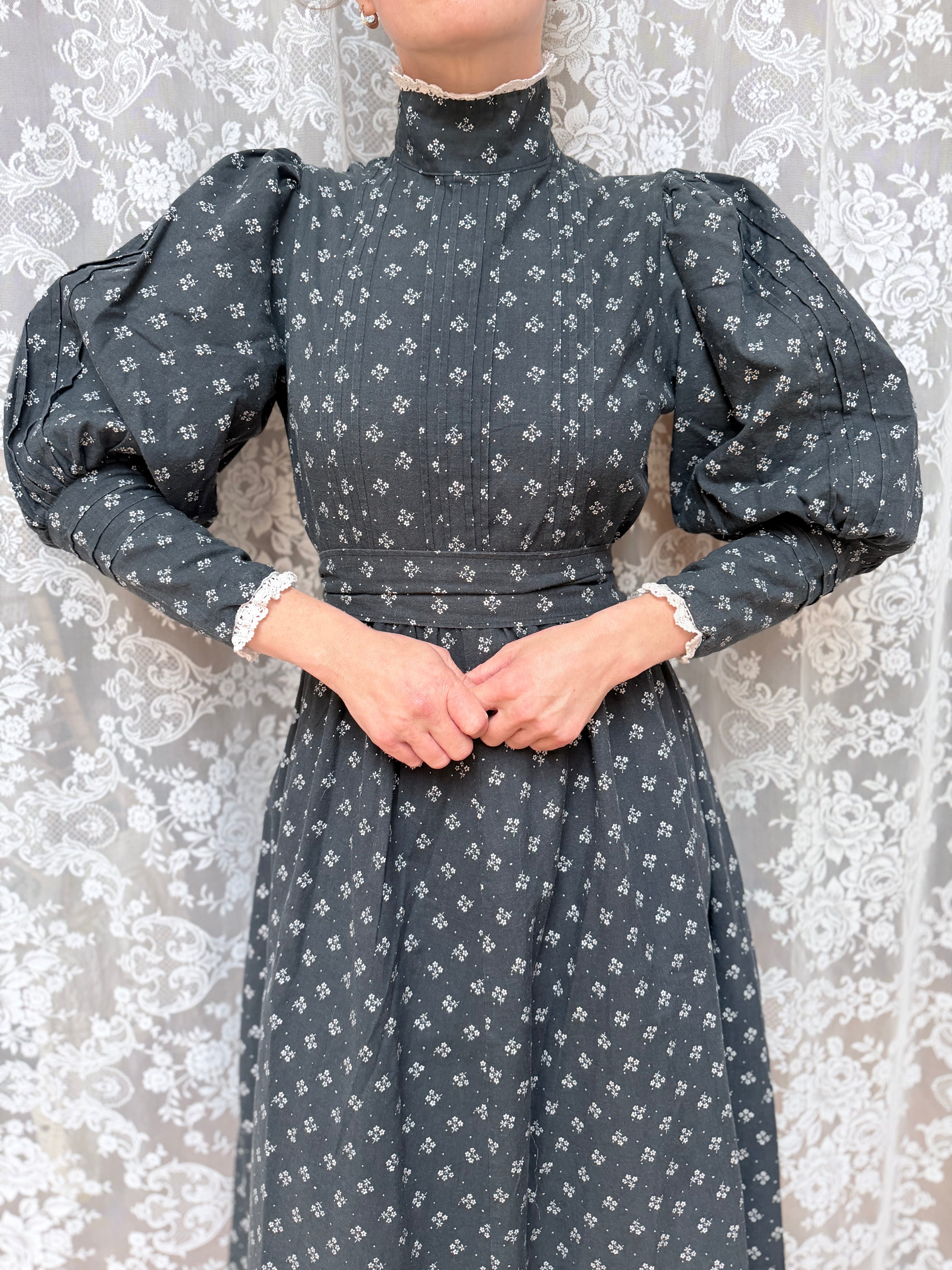 Vintage 1970s Laura Ashley Black Ditsy Floral Prairie Dress with White Lace