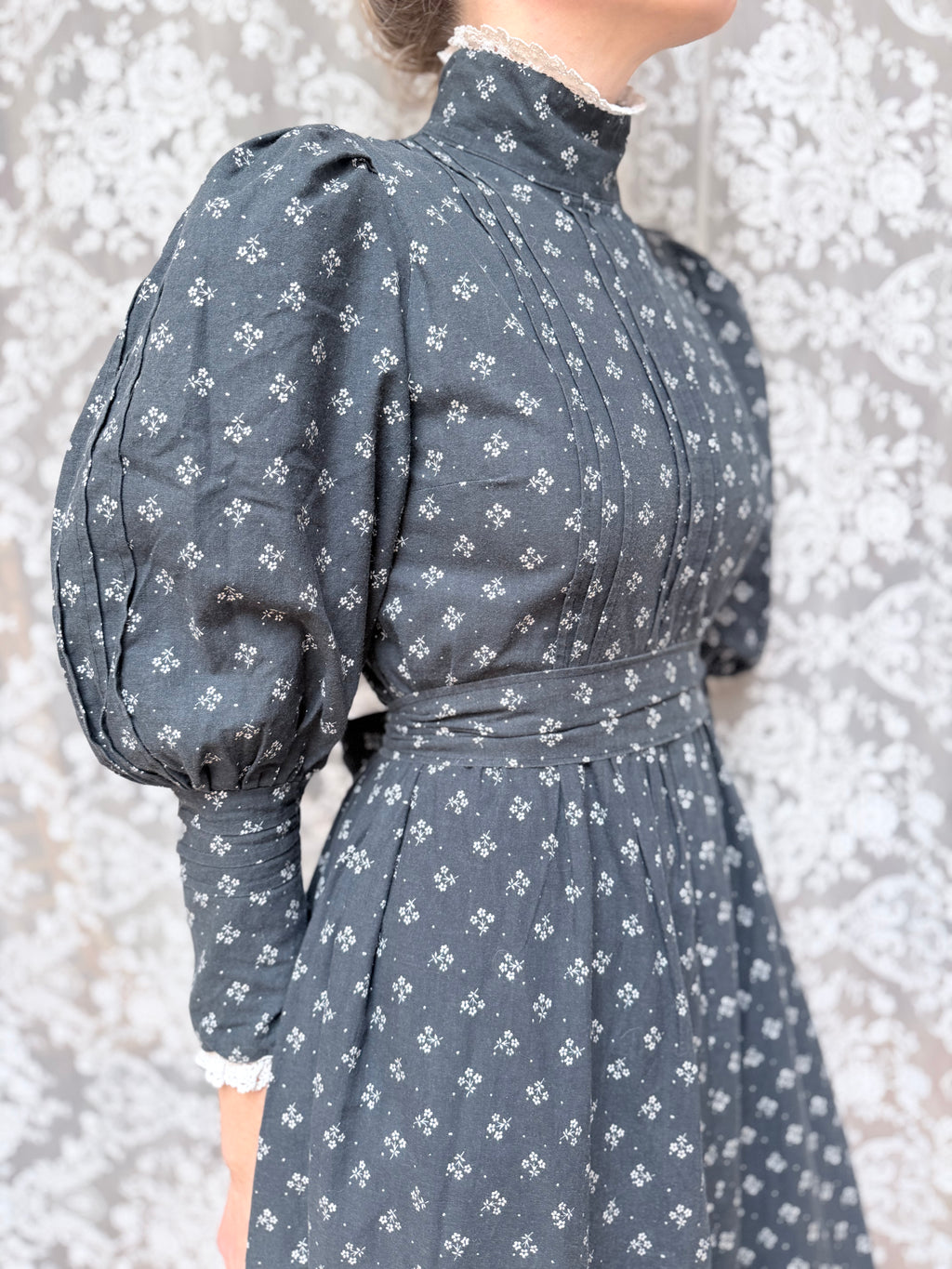 Vintage 1970s Laura Ashley Black Ditsy Floral Prairie Dress with White Lace
