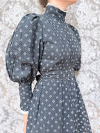 Vintage 1970s Laura Ashley Black Ditsy Floral Prairie Dress with White Lace