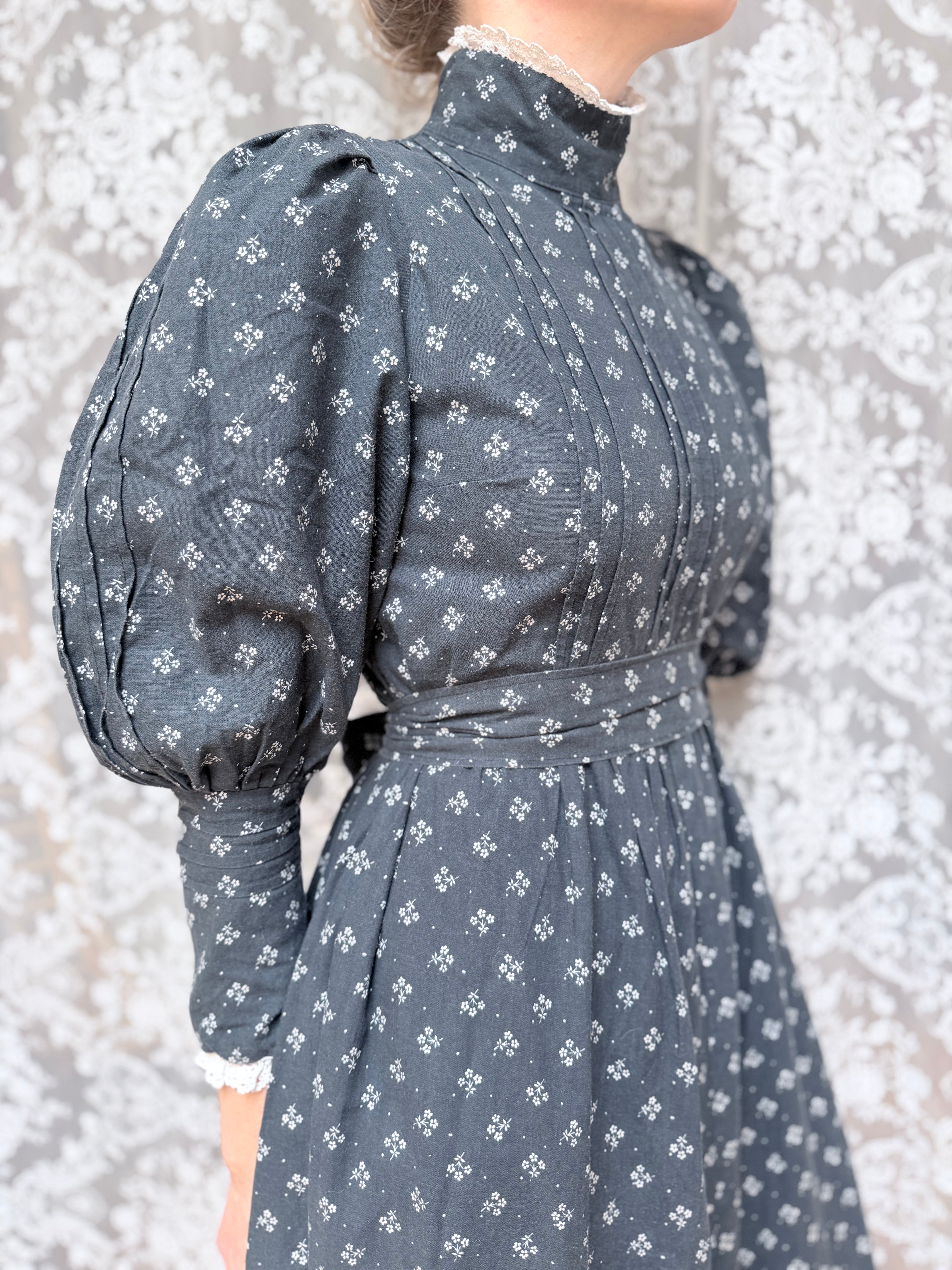 Vintage 1970s Laura Ashley Black Ditsy Floral Prairie Dress with White Lace