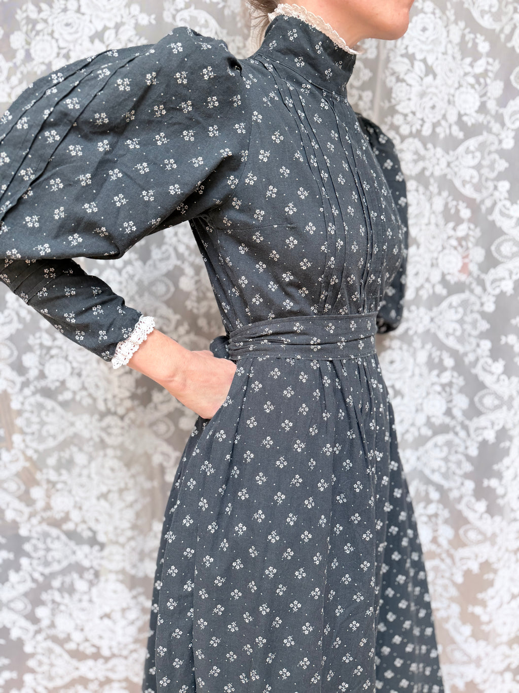 Vintage 1970s Laura Ashley Black Ditsy Floral Prairie Dress with White Lace