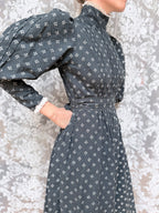 Vintage 1970s Laura Ashley Black Ditsy Floral Prairie Dress with White Lace