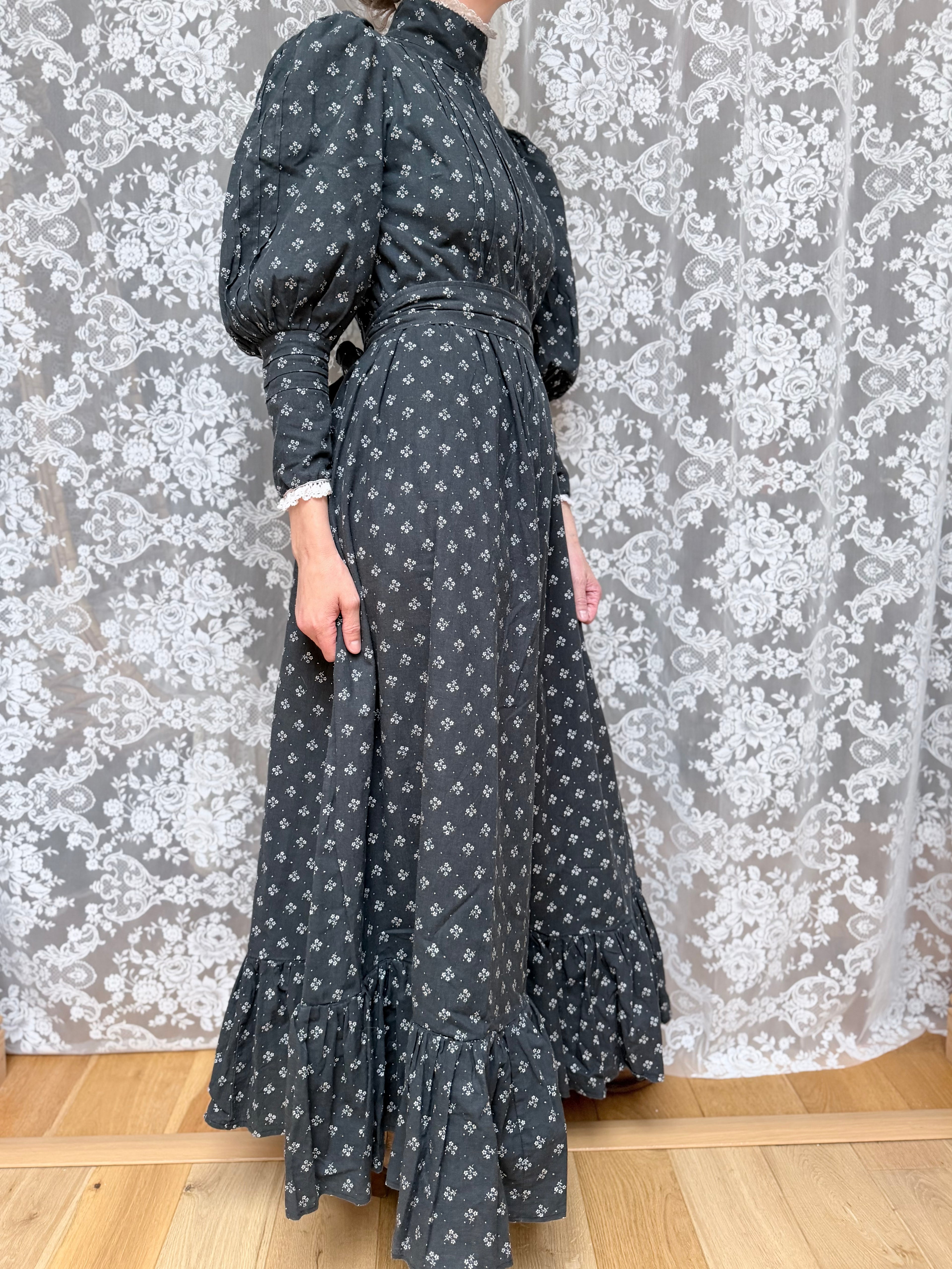 Vintage 1970s Laura Ashley Black Ditsy Floral Prairie Dress with White Lace