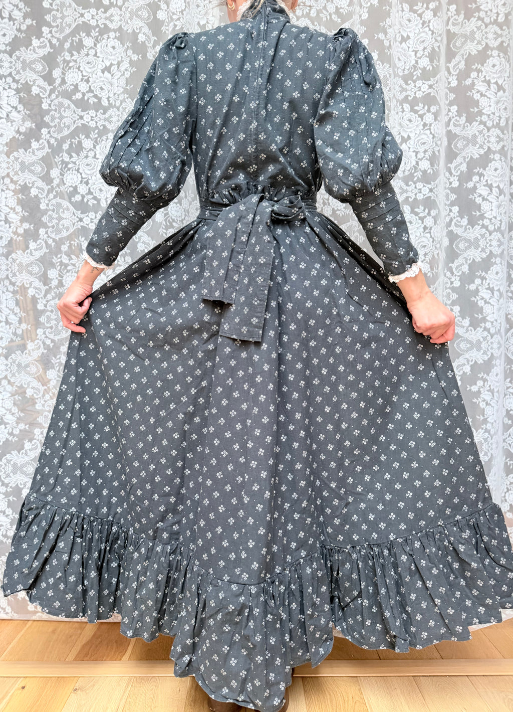 Vintage 1970s Laura Ashley Black Ditsy Floral Prairie Dress with White Lace