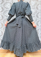 Vintage 1970s Laura Ashley Black Ditsy Floral Prairie Dress with White Lace