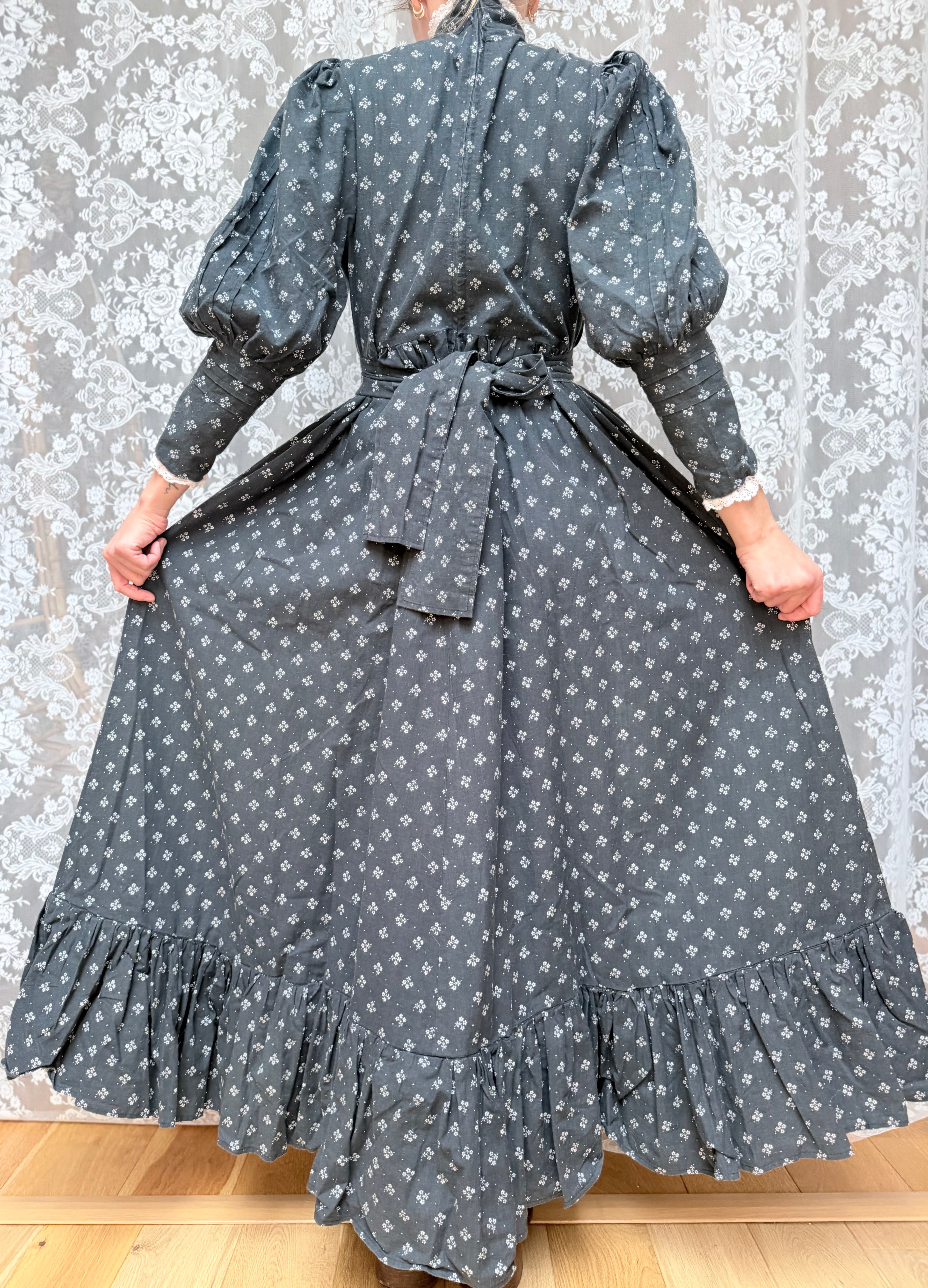 Vintage 1970s Laura Ashley Black Ditsy Floral Prairie Dress with White Lace