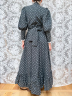 Vintage 1970s Laura Ashley Black Ditsy Floral Prairie Dress with White Lace