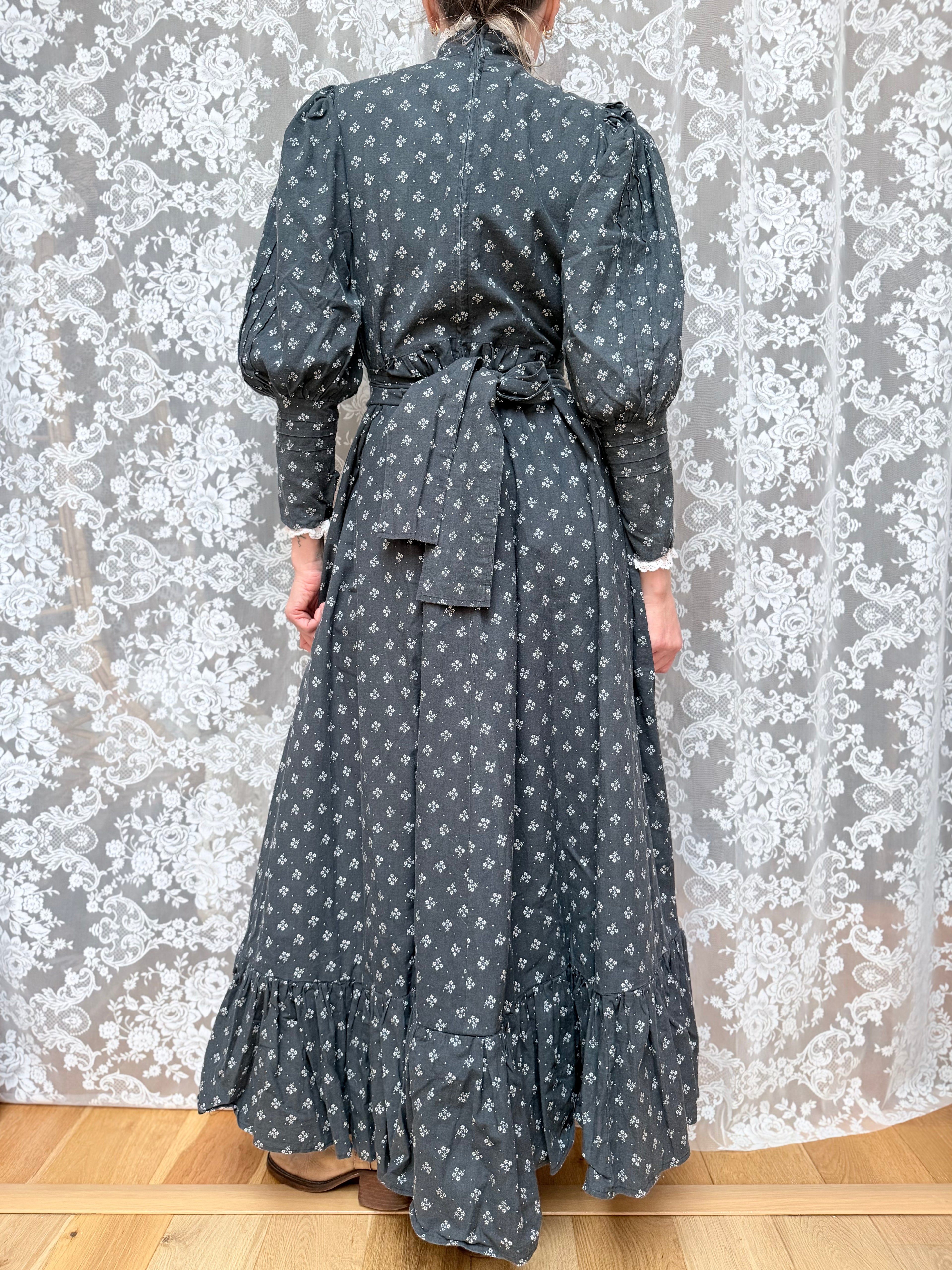 Vintage 1970s Laura Ashley Black Ditsy Floral Prairie Dress with White Lace