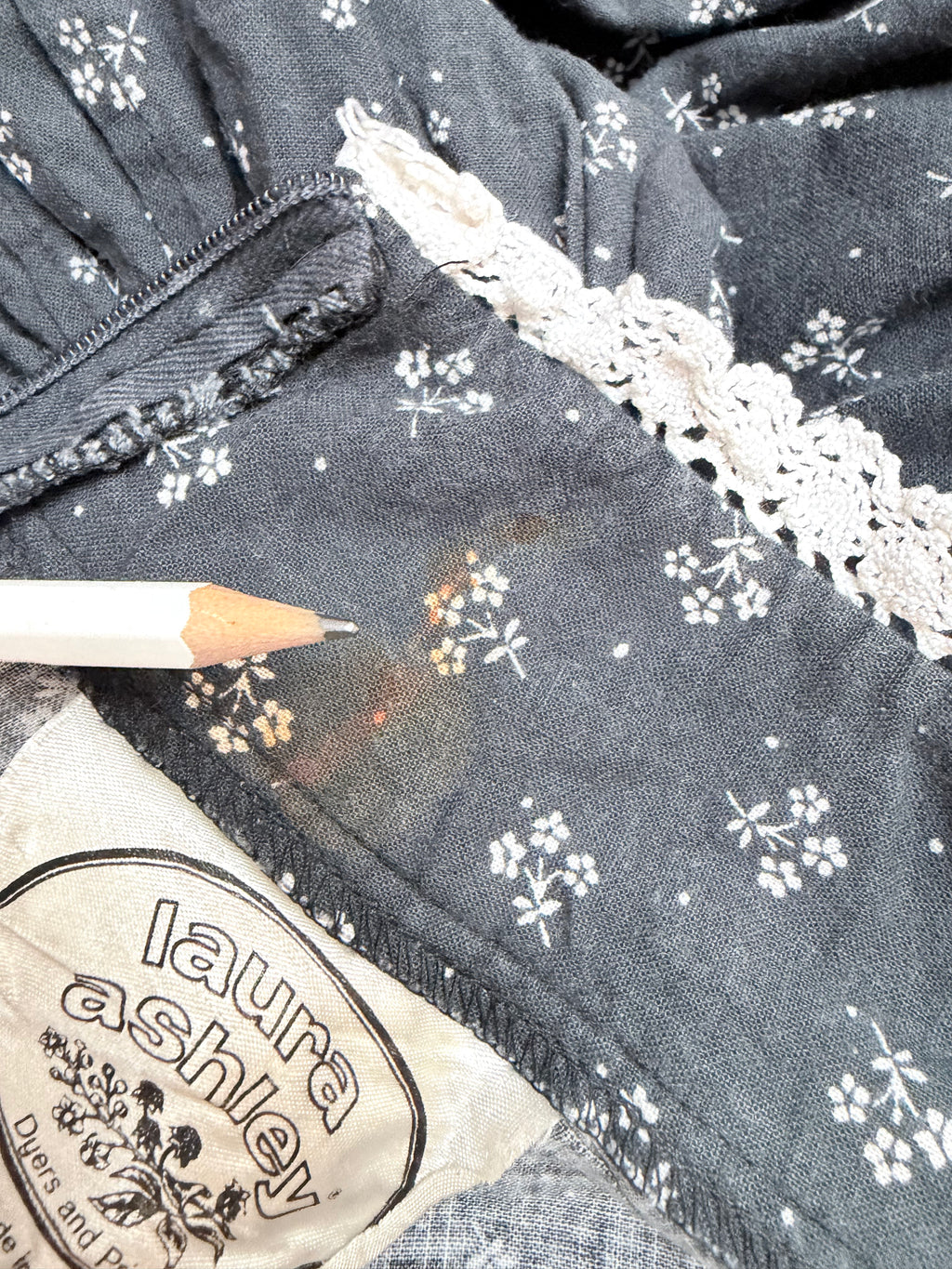 Vintage 1970s Laura Ashley Black Ditsy Floral Prairie Dress with White Lace
