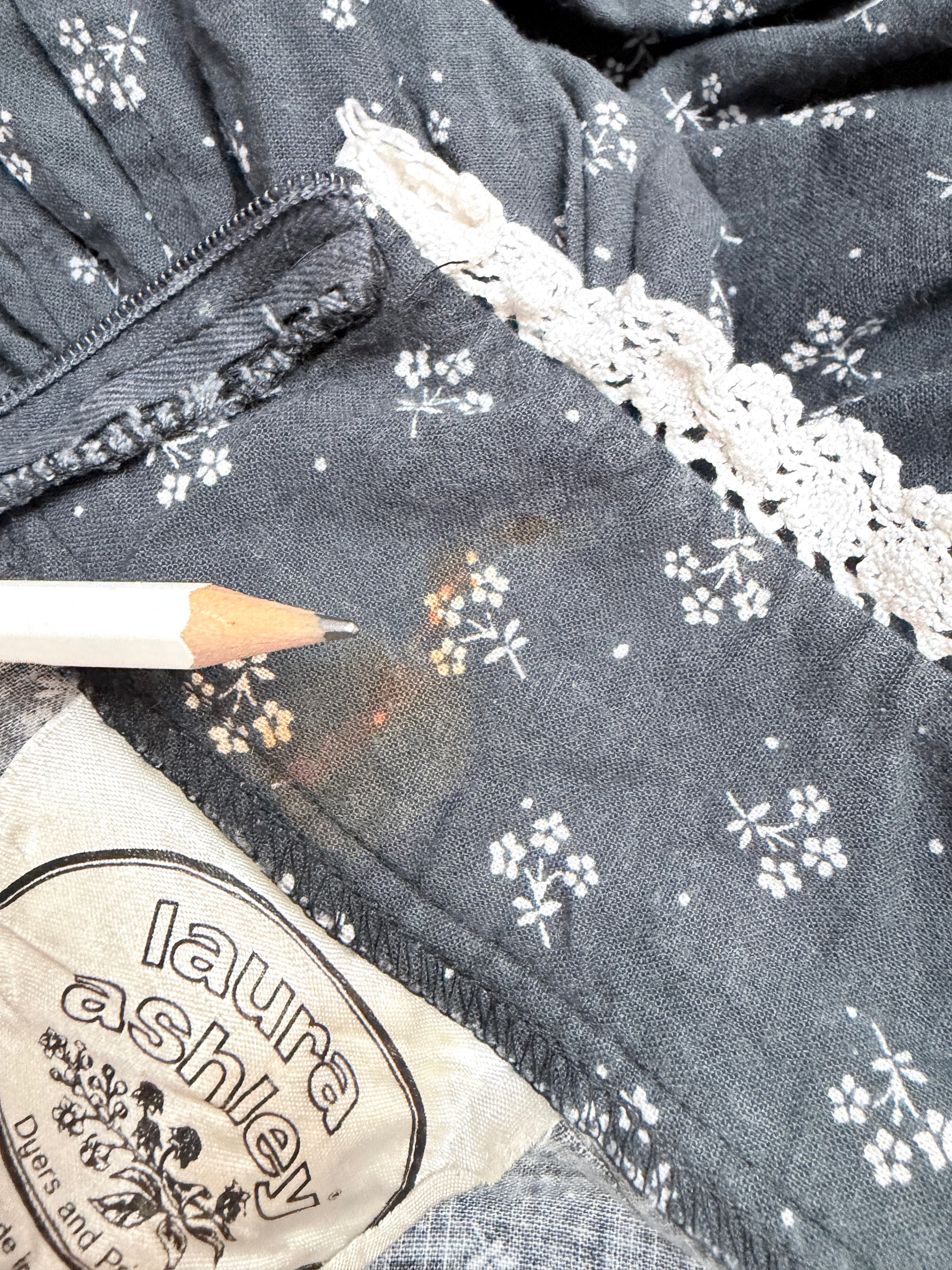 Vintage 1970s Laura Ashley Black Ditsy Floral Prairie Dress with White Lace