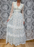 Vintage 1970s California Lace Prairie Dress | White & Blue Floral Gunne Sax Style