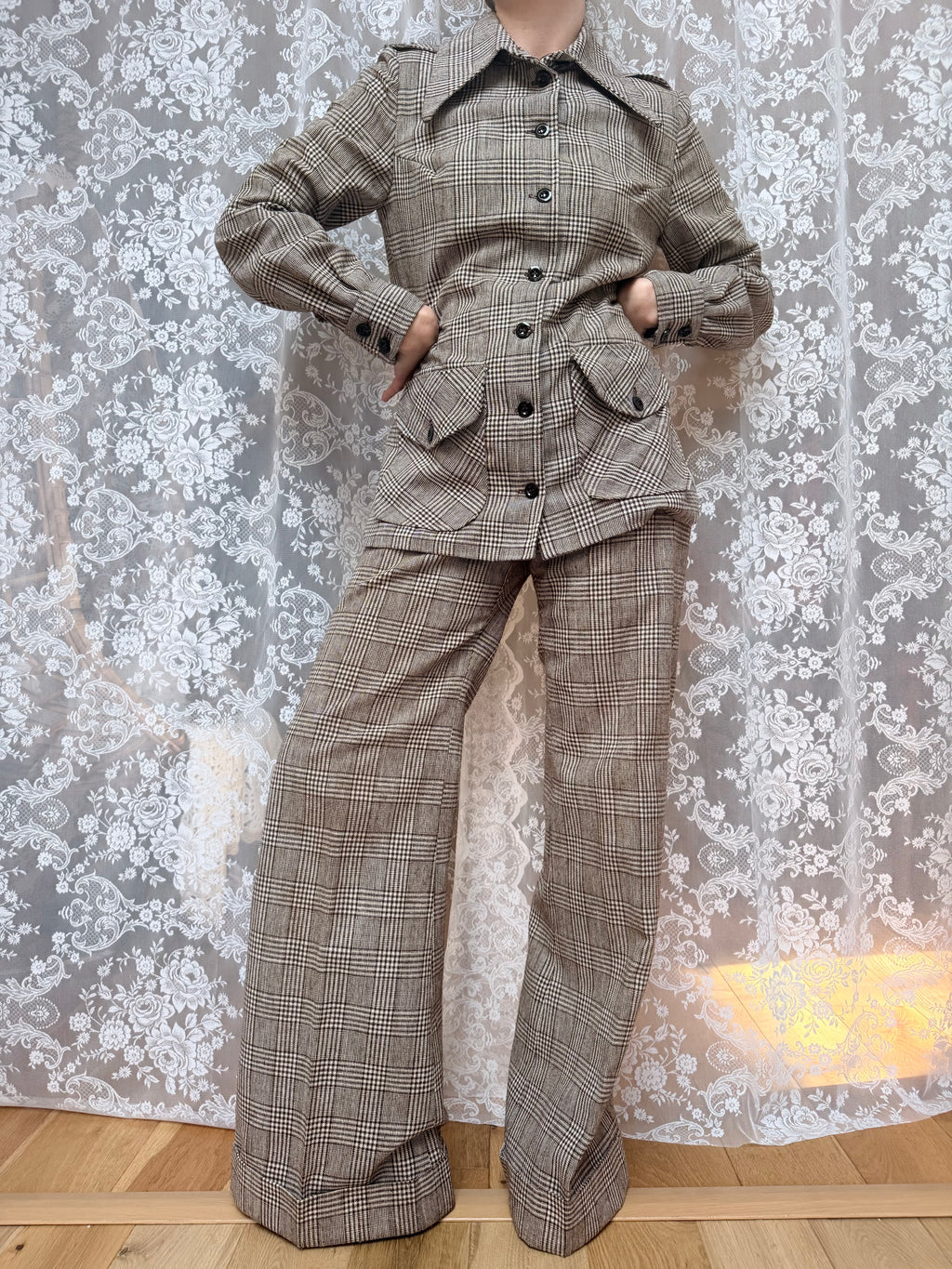 Vintage 1970s London Brown & Cream Checked Women's Trouser Suit
