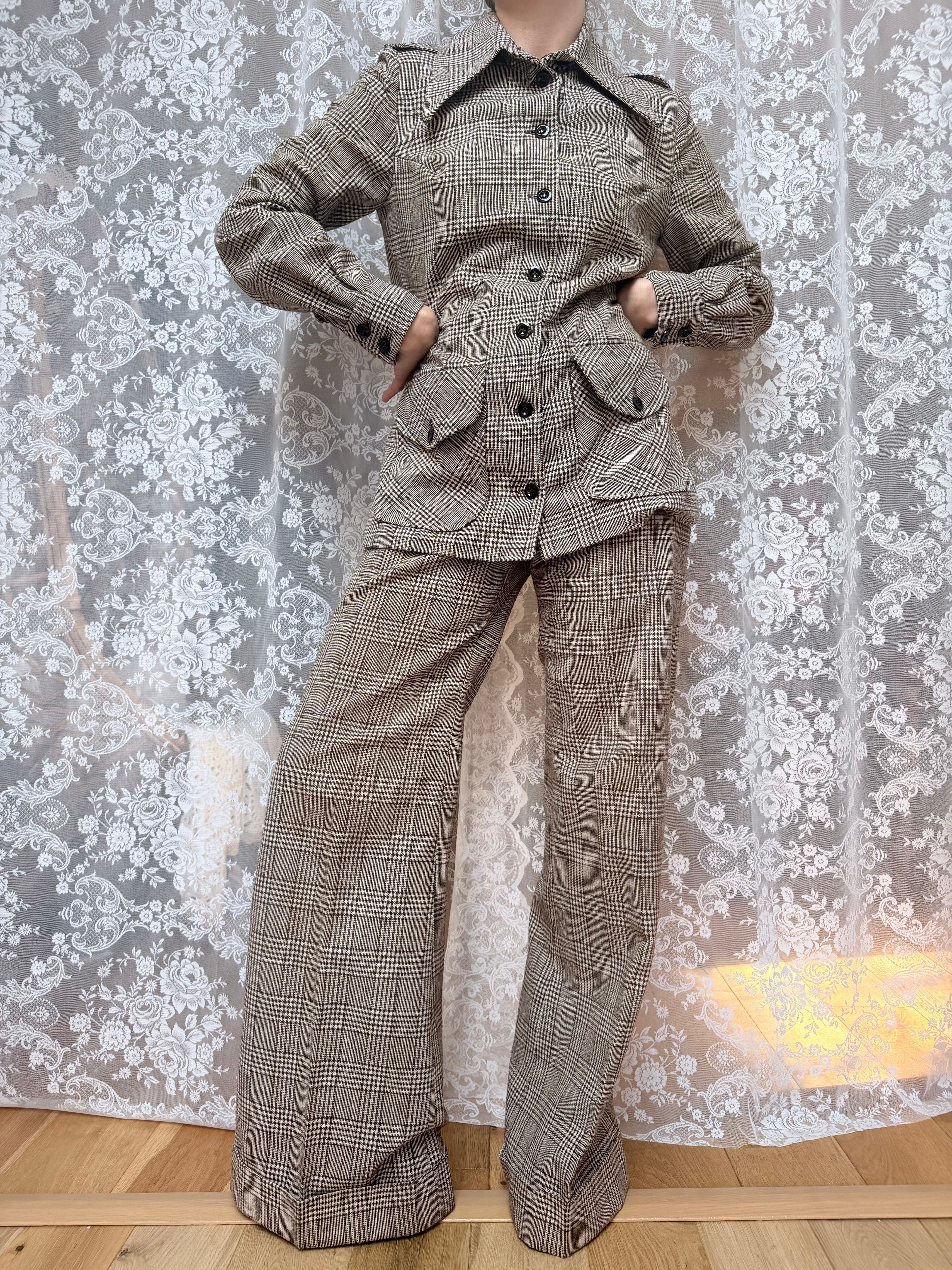 Vintage 1970s London Brown & Cream Checked Women's Trouser Suit