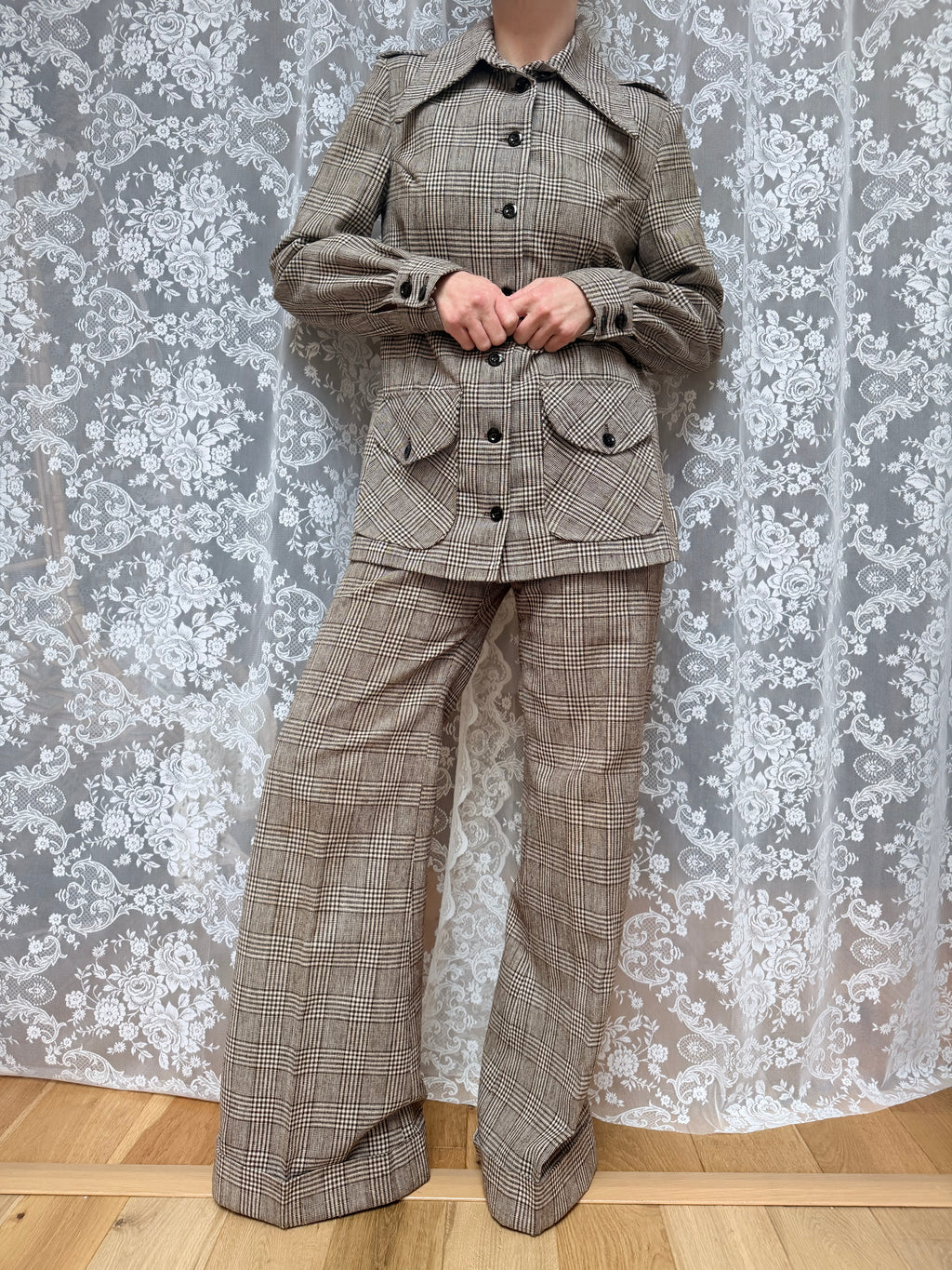 Vintage 1970s London Brown & Cream Checked Women's Trouser Suit