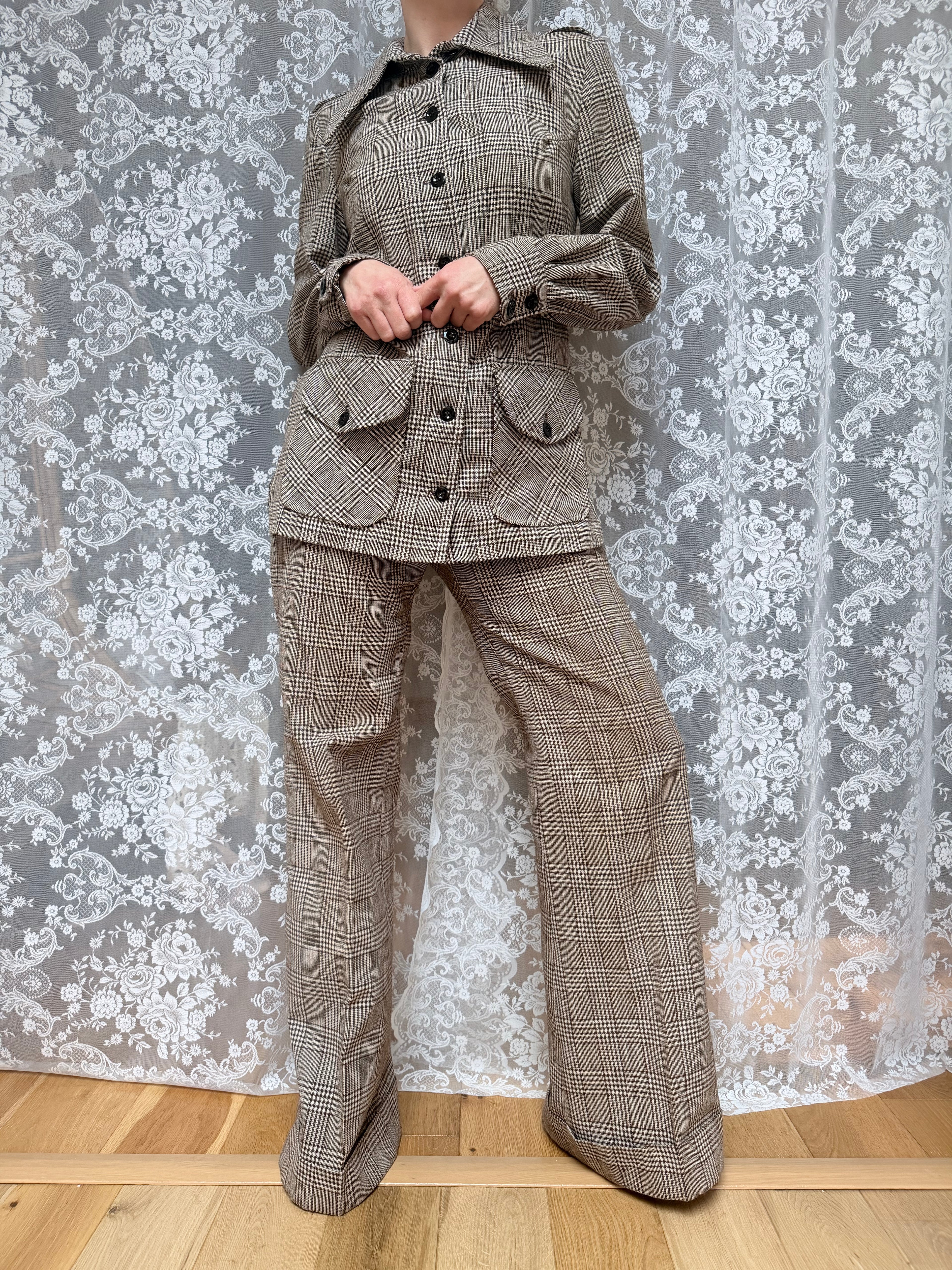 Vintage 1970s London Brown & Cream Checked Women's Trouser Suit