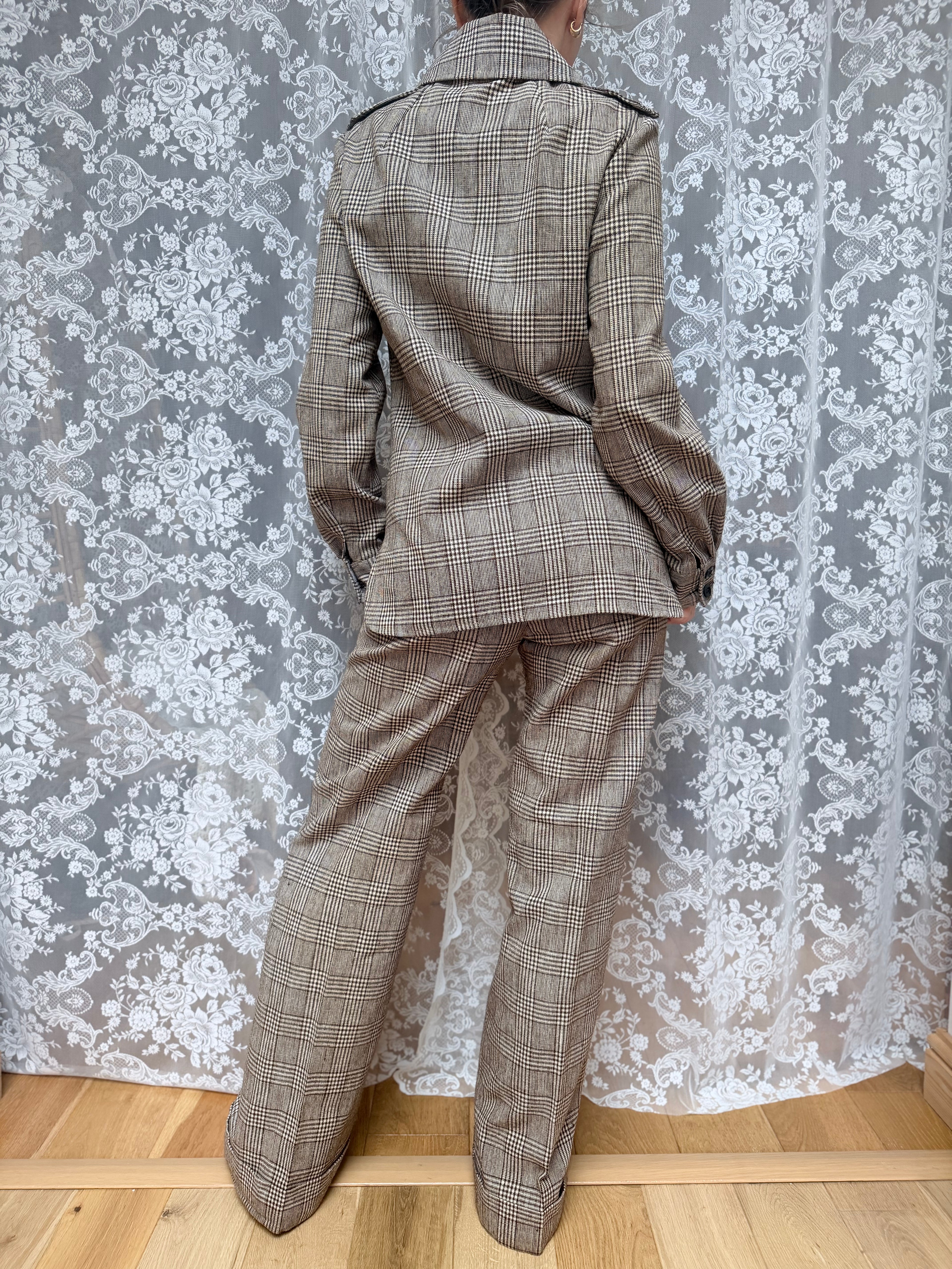 Vintage 1970s London Brown & Cream Checked Women's Trouser Suit