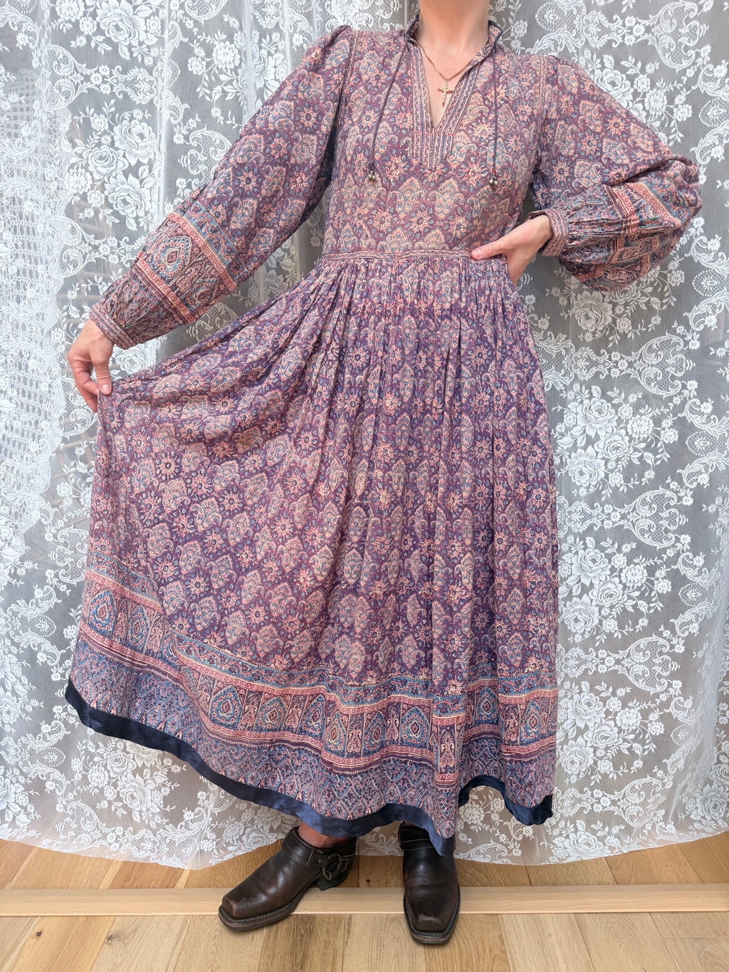 Vintage 1970s Phool Purple Indian Block Print Bohemian Maxi Dress