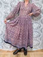 Vintage 1970s Phool Purple Indian Block Print Bohemian Maxi Dress