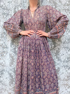 Vintage 1970s Phool Purple Indian Block Print Bohemian Maxi Dress