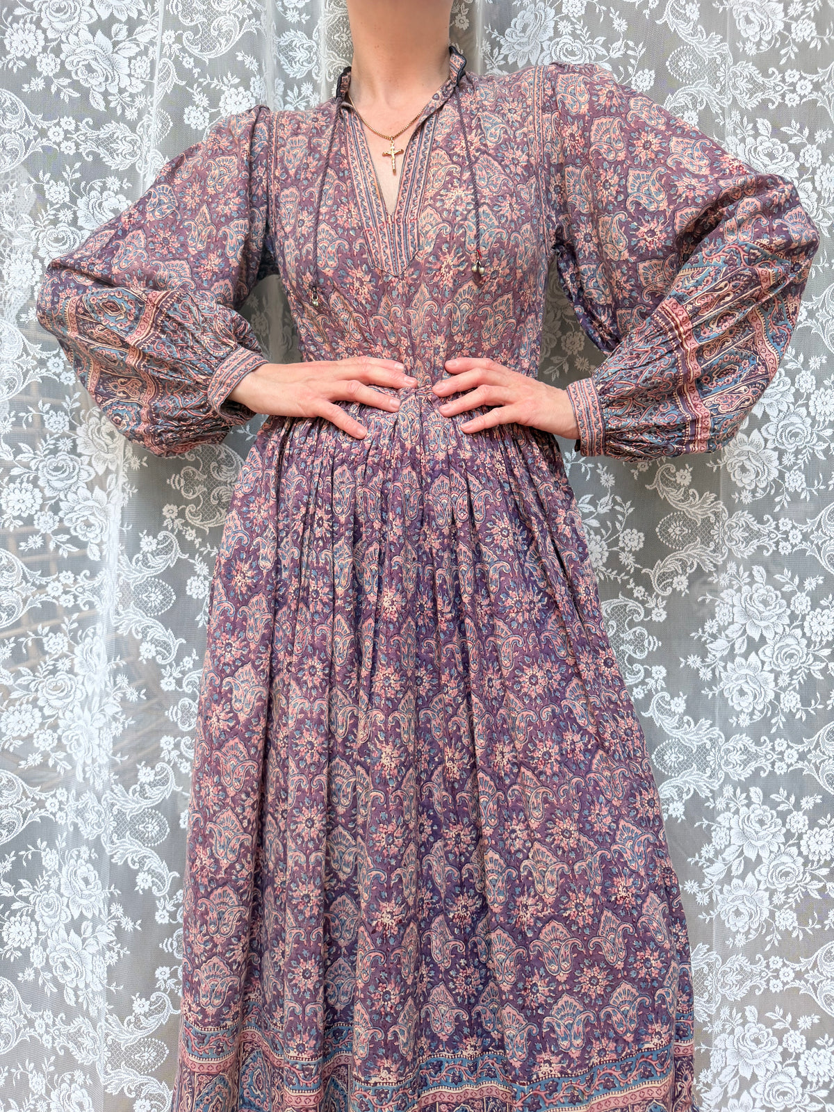 Vintage 1970s Phool Purple Indian Block Print Bohemian Maxi Dress