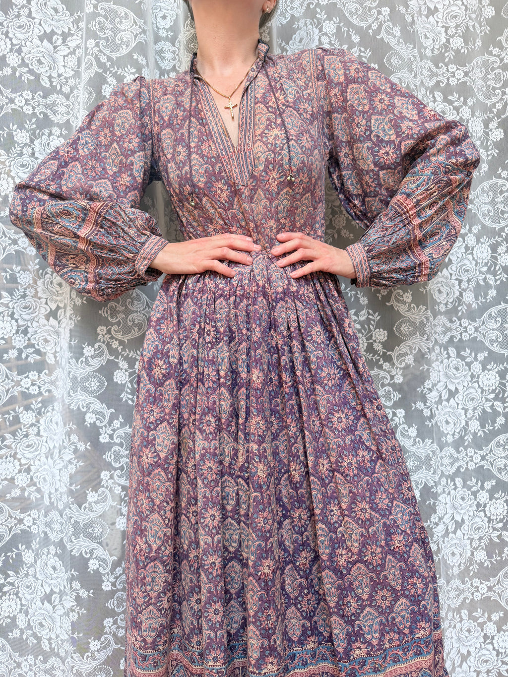 Vintage 1970s Phool Purple Indian Block Print Bohemian Maxi Dress