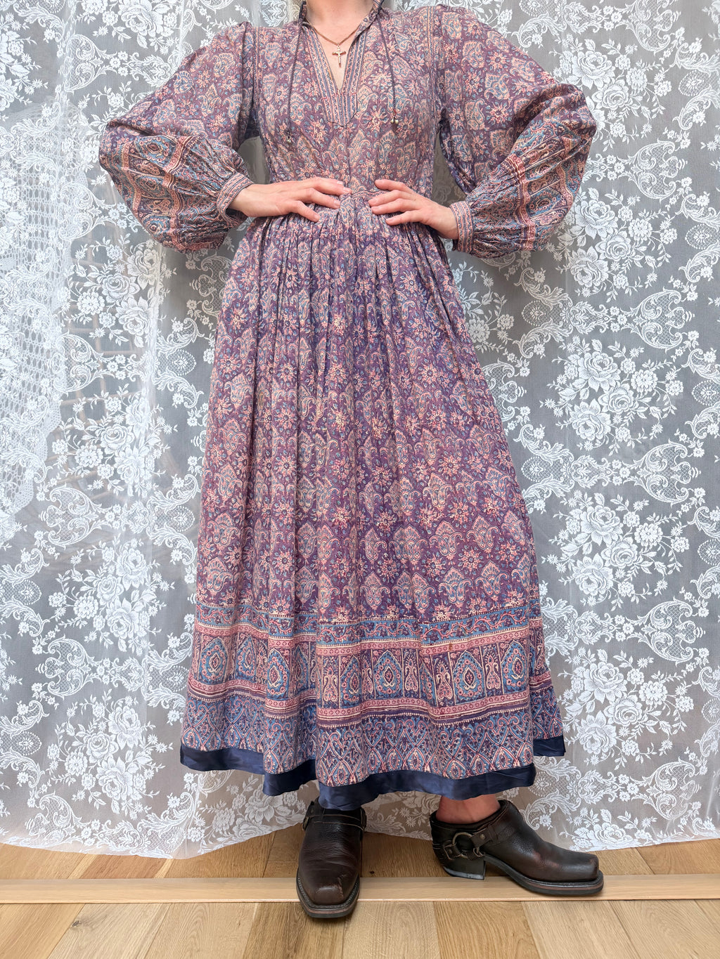 Vintage 1970s Phool Purple Indian Block Print Bohemian Maxi Dress