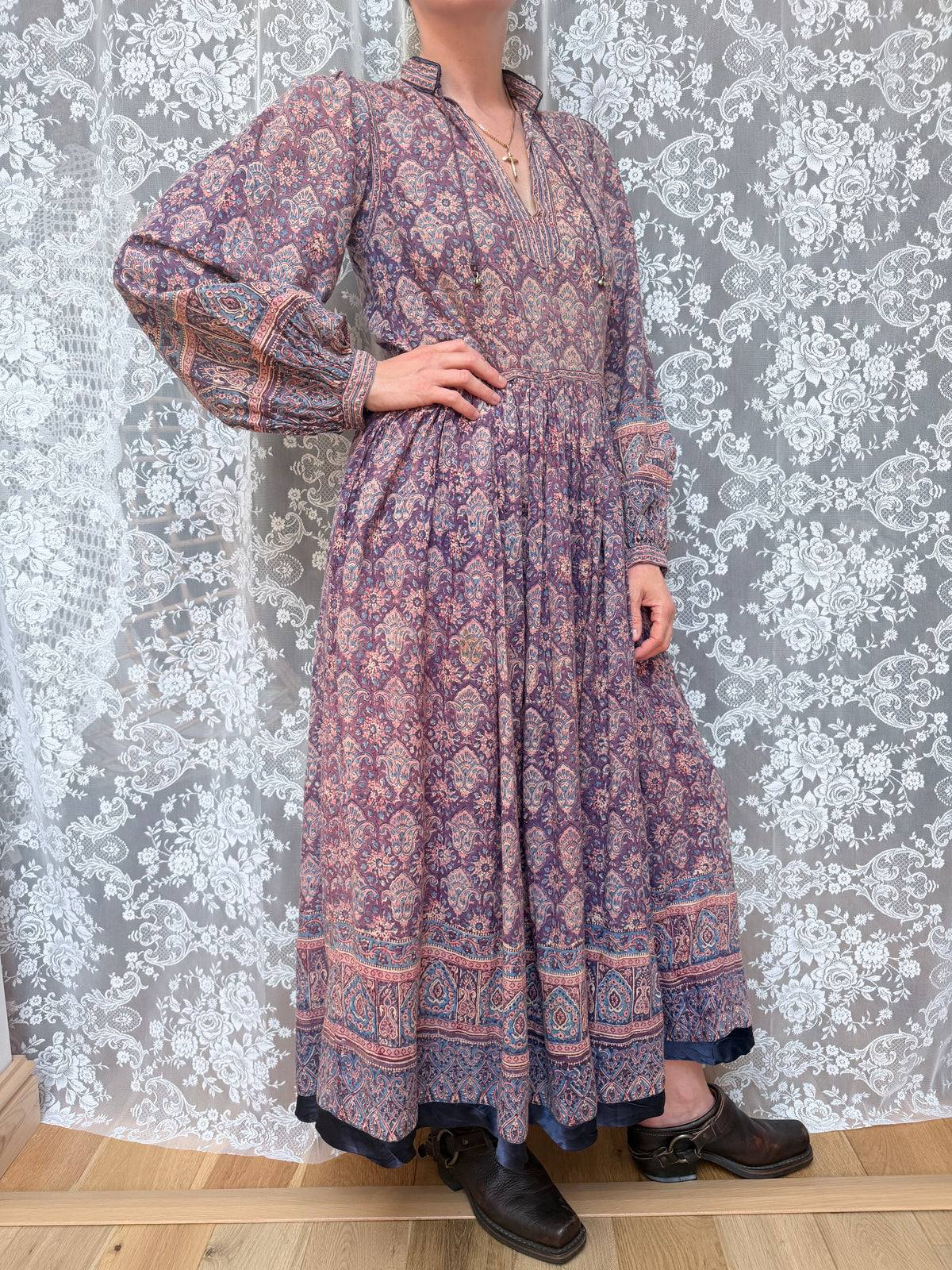 Vintage 1970s Phool Purple Indian Block Print Bohemian Maxi Dress
