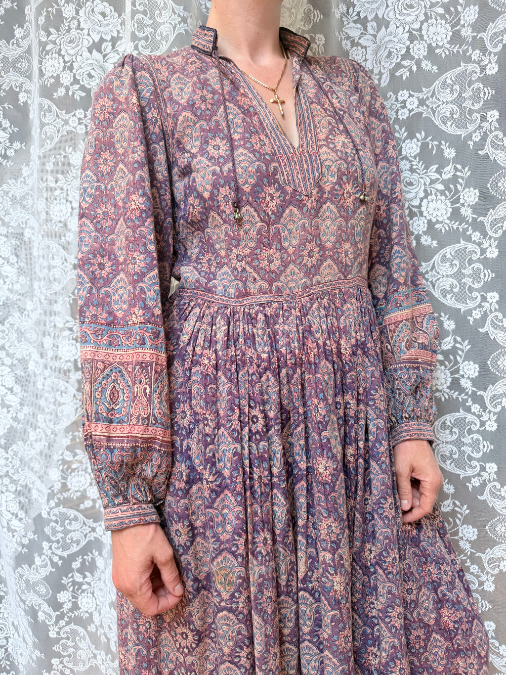 Vintage 1970s Phool Purple Indian Block Print Bohemian Maxi Dress