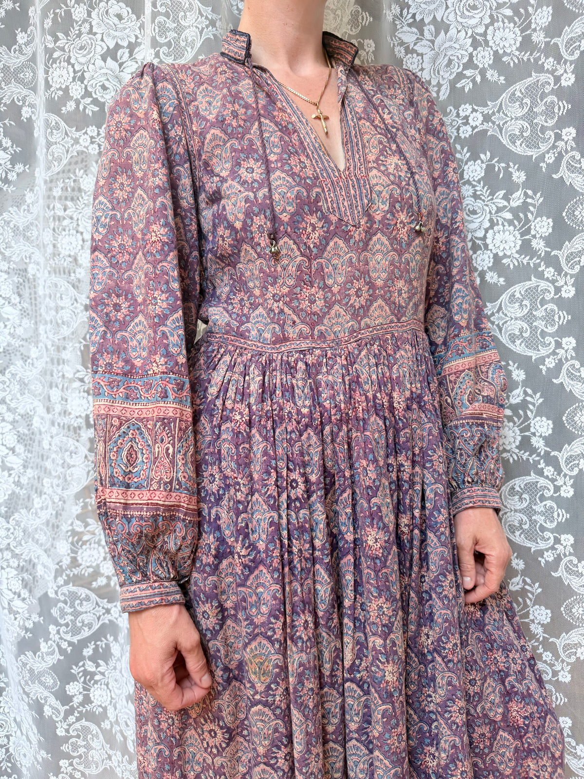 Vintage 1970s Phool Purple Indian Block Print Bohemian Maxi Dress