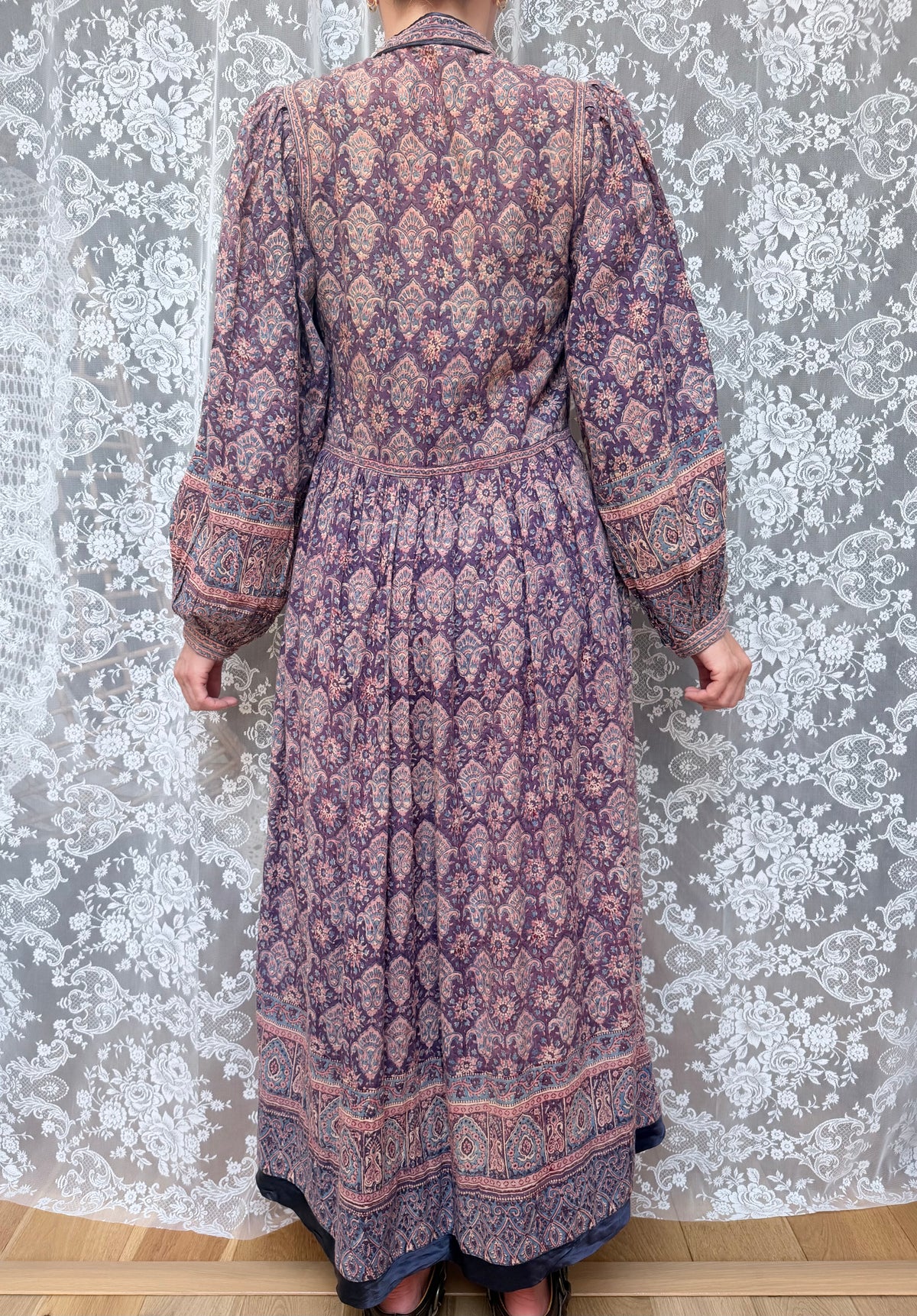 Vintage 1970s Phool Purple Indian Block Print Bohemian Maxi Dress
