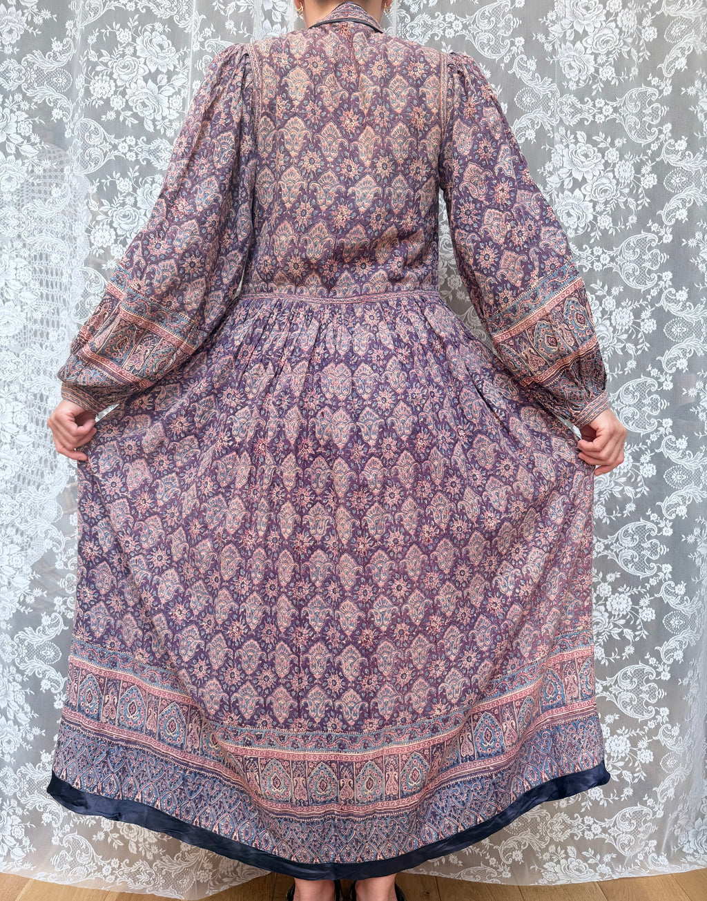 Vintage 1970s Phool Purple Indian Block Print Bohemian Maxi Dress