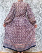 Vintage 1970s Phool Purple Indian Block Print Bohemian Maxi Dress