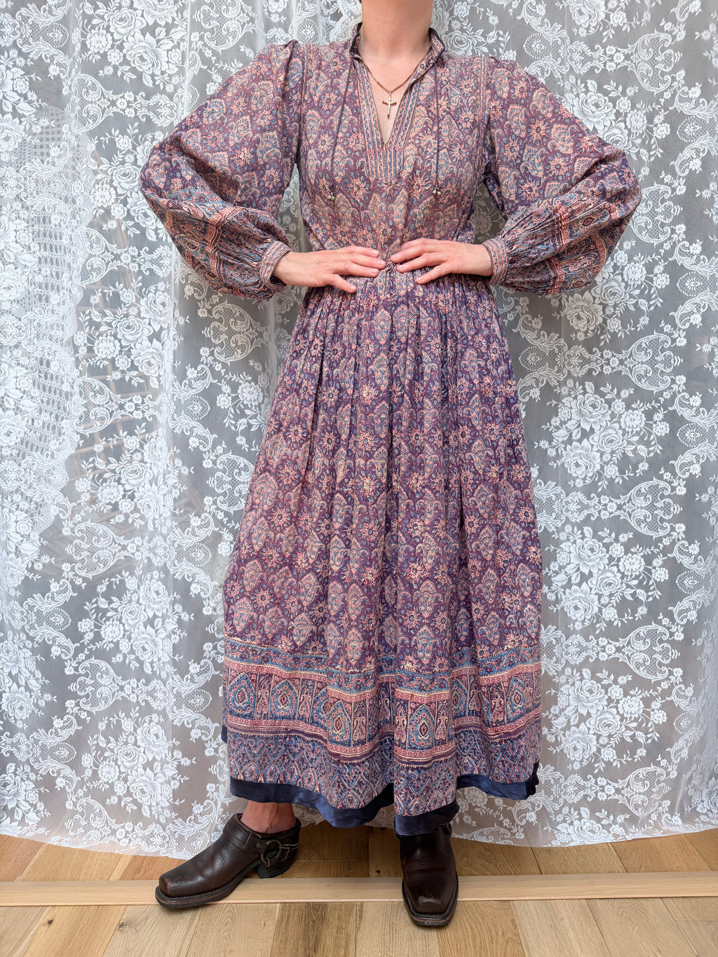 Vintage 1970s Phool Purple Indian Block Print Bohemian Maxi Dress
