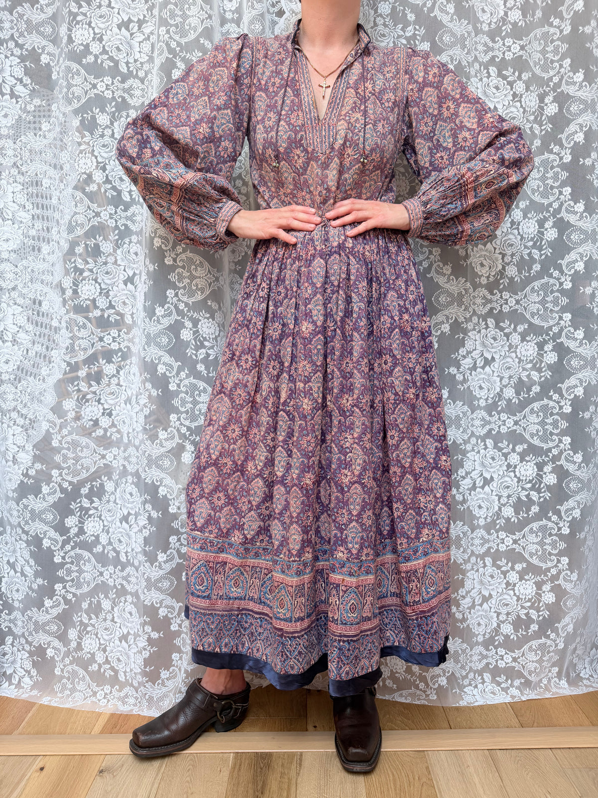 Vintage 1970s Phool Purple Indian Block Print Bohemian Maxi Dress