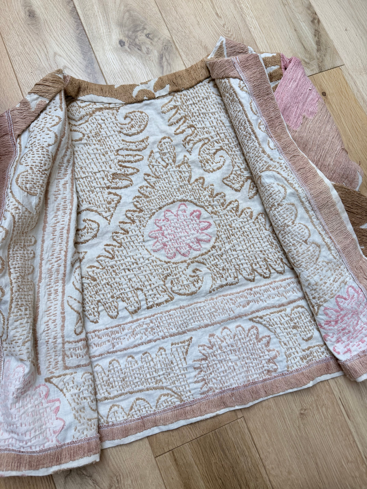 Middle Eastern Cropped Jacket in Pastel Pink and Brown Made from Antique Uzbek Material
