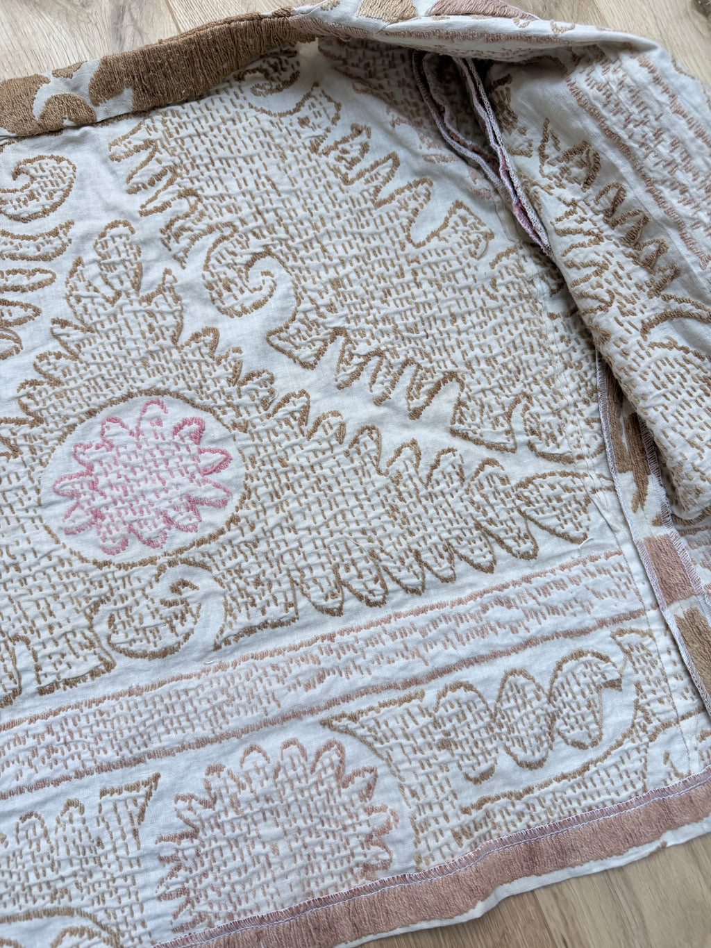 Middle Eastern Cropped Jacket in Pastel Pink and Brown Made from Antique Uzbek Material