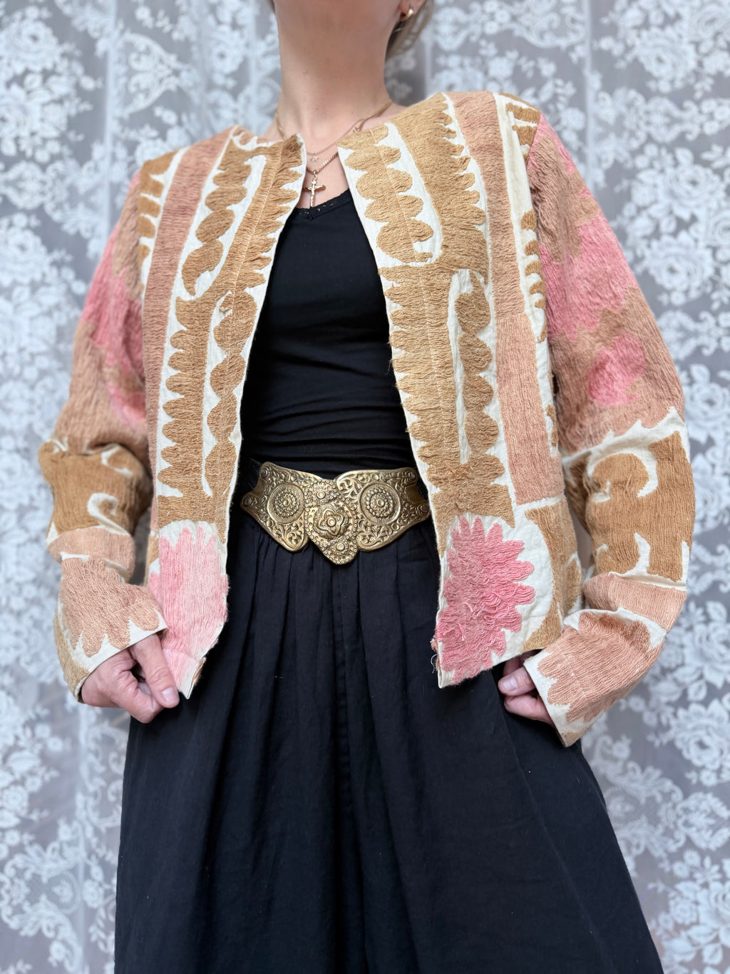 Middle Eastern Cropped Jacket in Pastel Pink and Brown Made from Antique Uzbek Material
