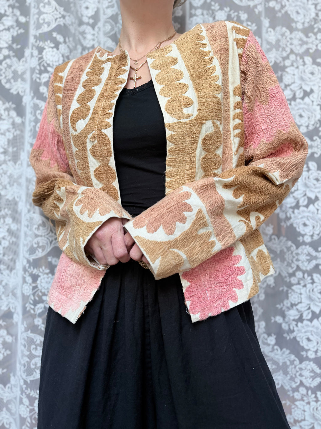 Middle Eastern Cropped Jacket in Pastel Pink and Brown Made from Antique Uzbek Material