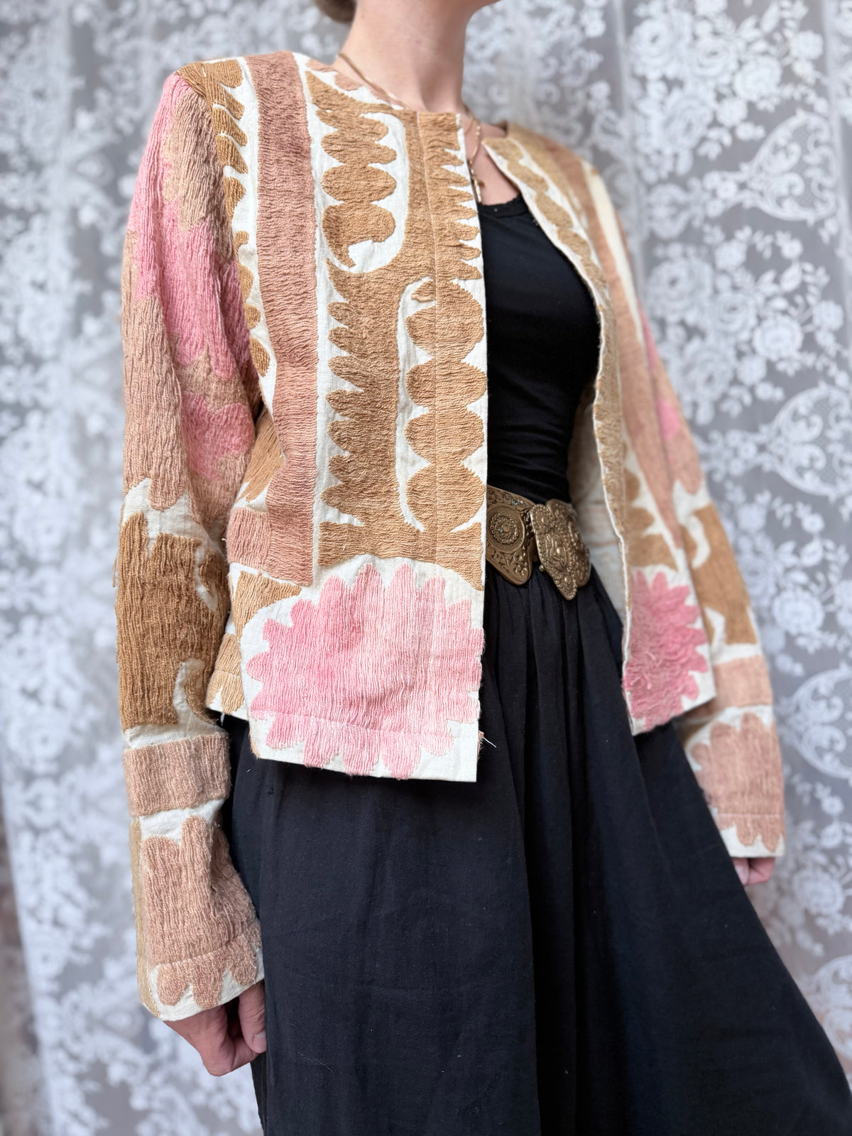 Middle Eastern Cropped Jacket in Pastel Pink and Brown Made from Antique Uzbek Material