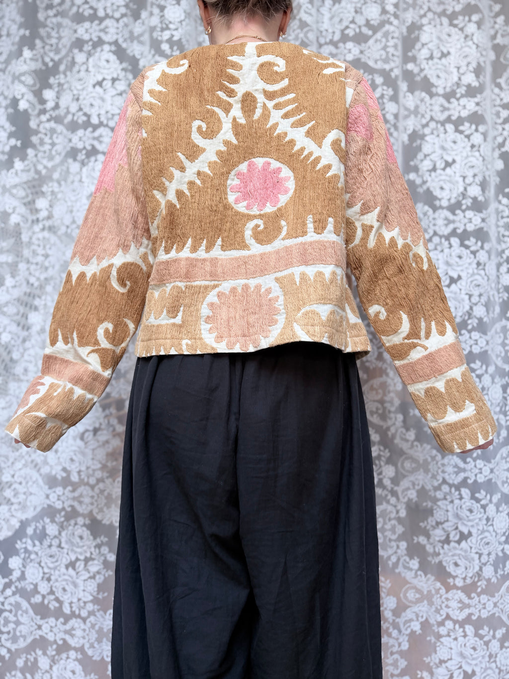 Middle Eastern Cropped Jacket in Pastel Pink and Brown Made from Antique Uzbek Material