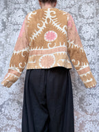 Middle Eastern Cropped Jacket in Pastel Pink and Brown Made from Antique Uzbek Material