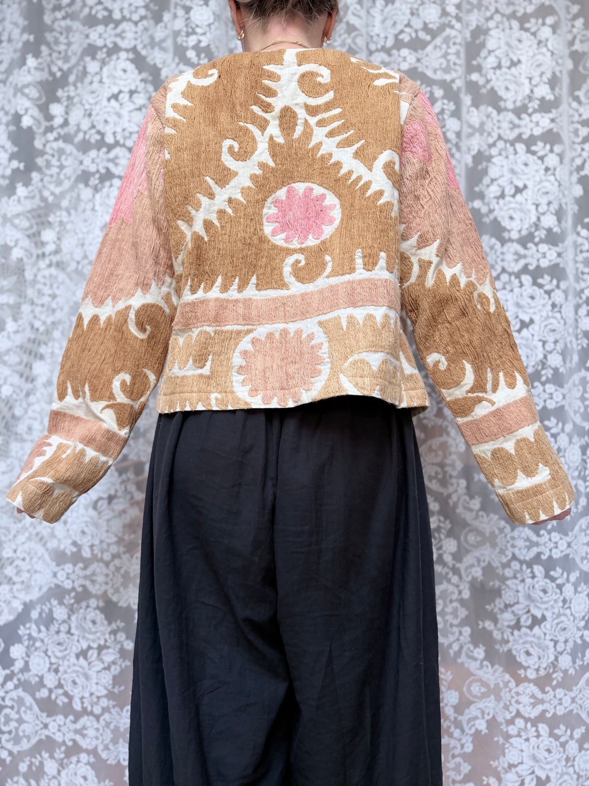 Middle Eastern Cropped Jacket in Pastel Pink and Brown Made from Antique Uzbek Material