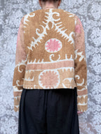 Middle Eastern Cropped Jacket in Pastel Pink and Brown Made from Antique Uzbek Material