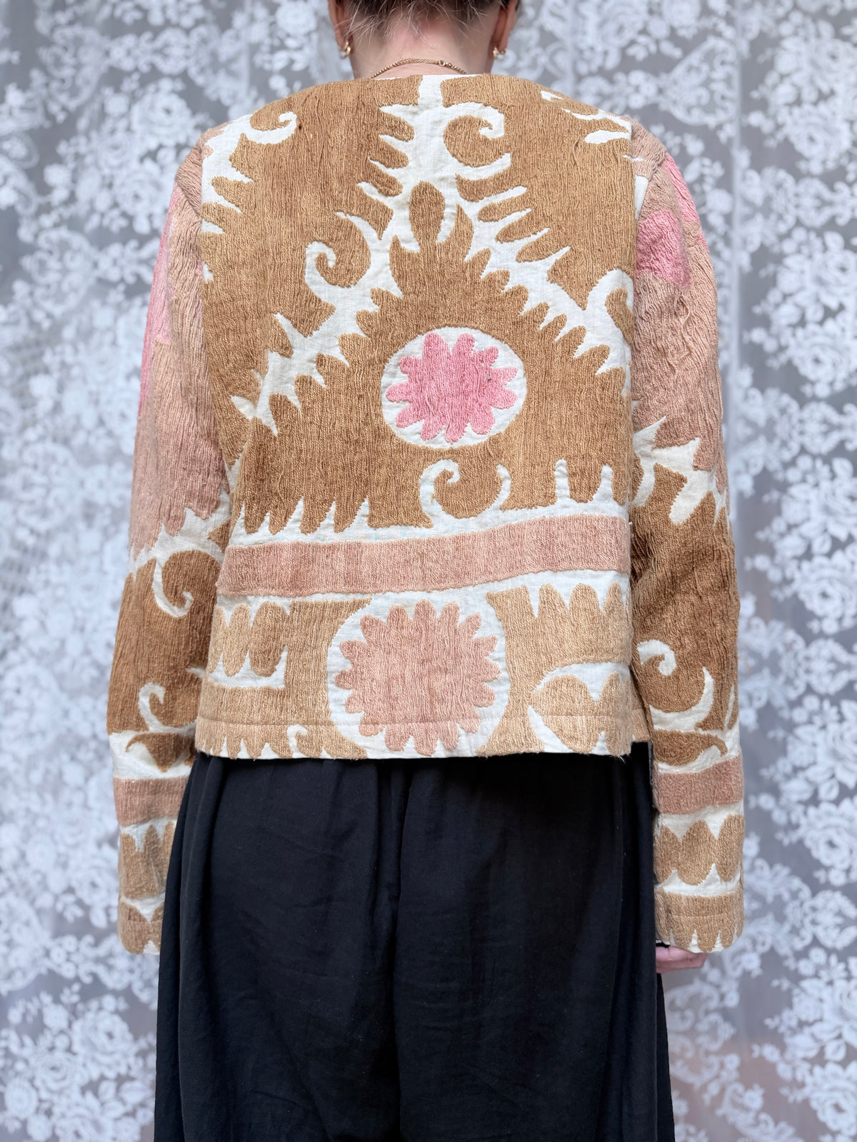 Middle Eastern Cropped Jacket in Pastel Pink and Brown Made from Antique Uzbek Material