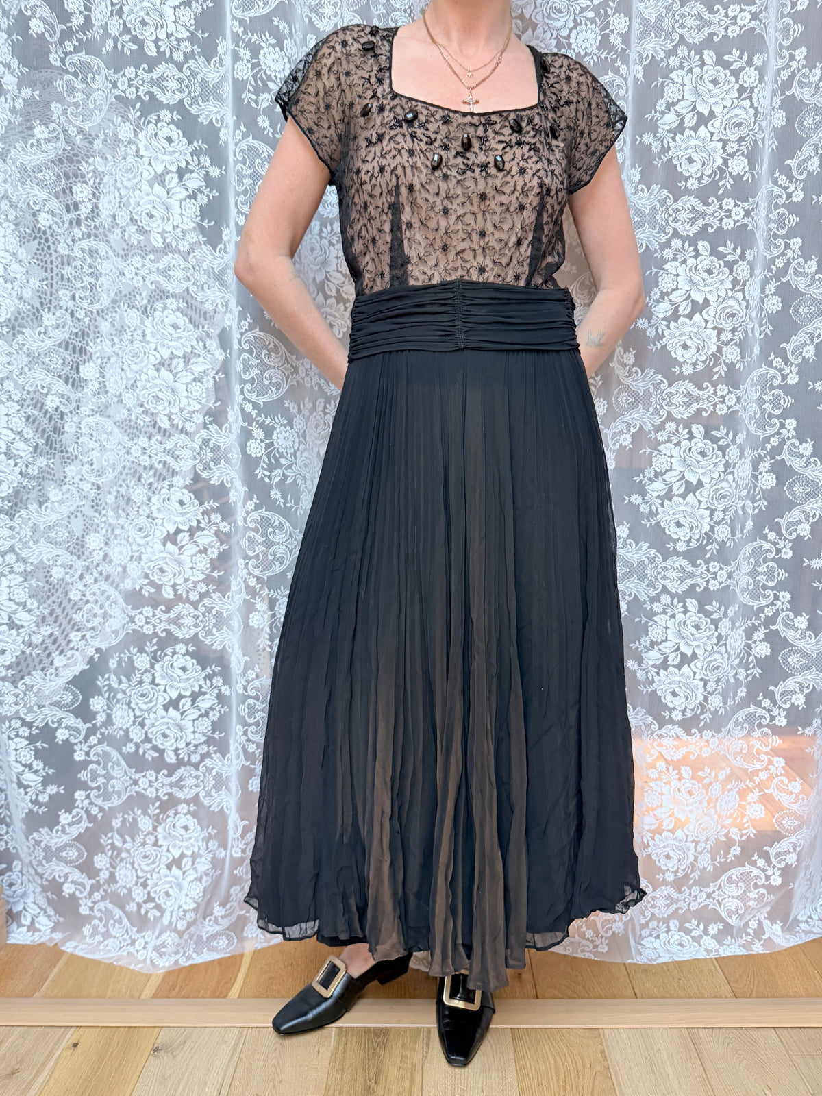 Antique Art Deco 1920s Black Floral Lace Midi Dress