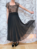 Antique Art Deco 1920s Black Floral Lace Midi Dress