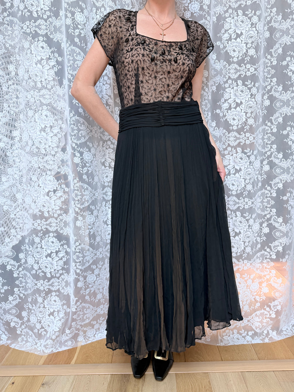 Antique Art Deco 1920s Black Floral Lace Midi Dress