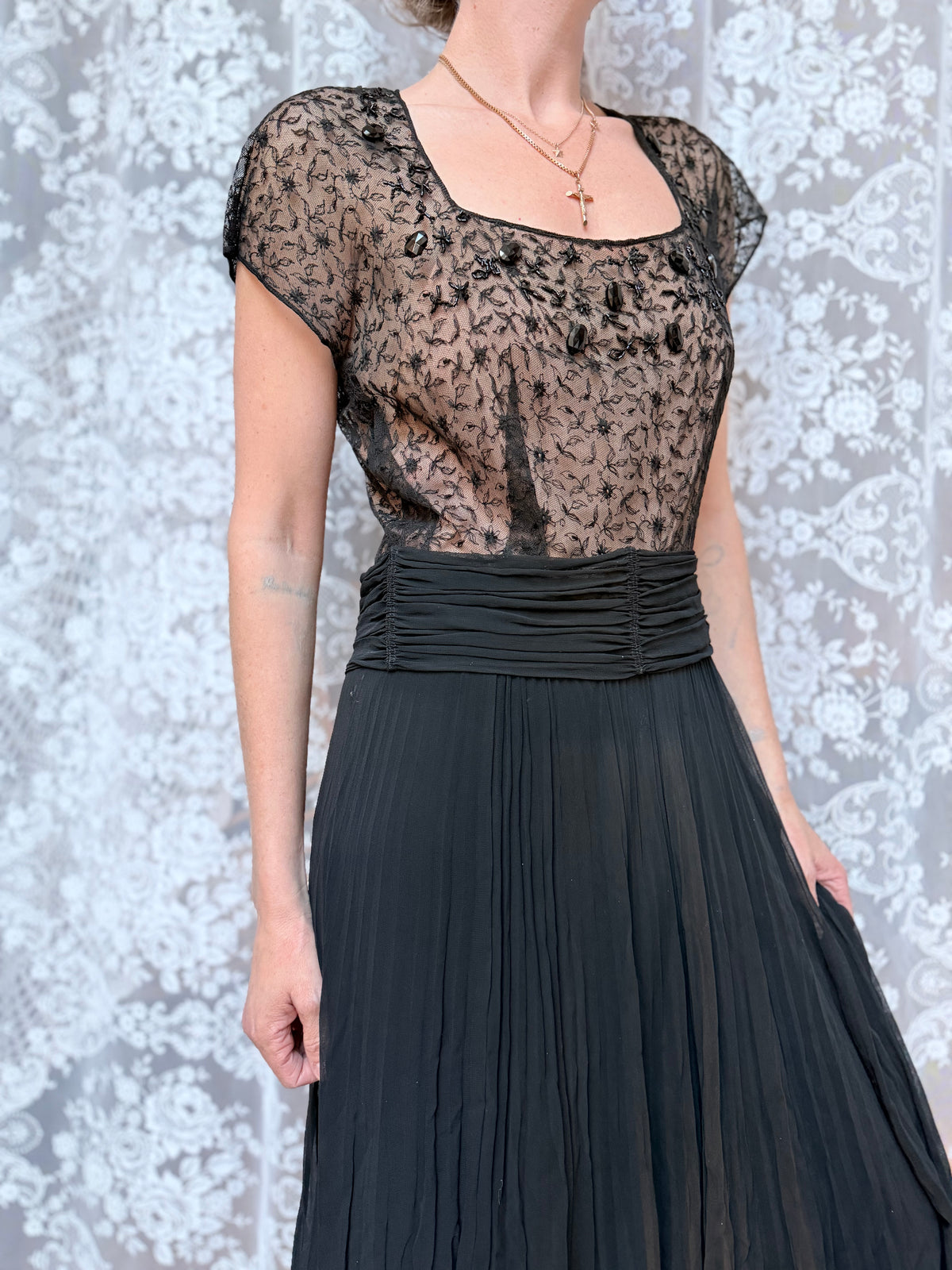 Antique Art Deco 1920s Black Floral Lace Midi Dress